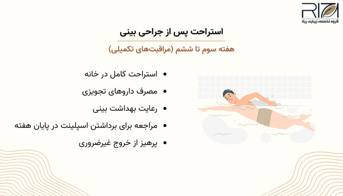 بعد از جراحی بینی چند روز باید استراحت کرد 4 استراحت هفته سوم تا ششم پس از جراحی بینی